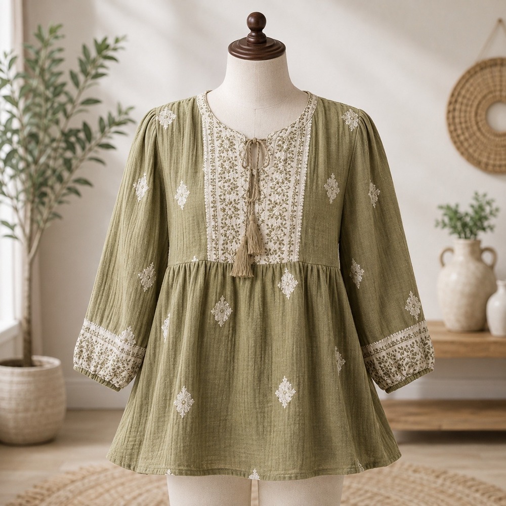 NEW Passport Susan Graver Peasant Top Large Petite Green Embroidered Babydoll